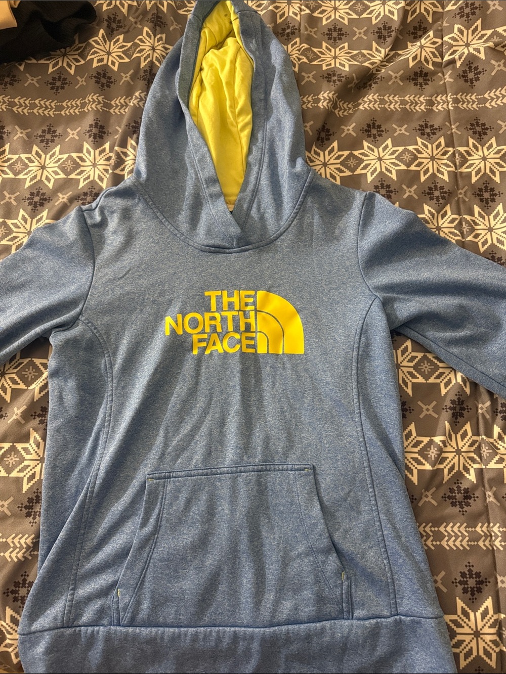 The North Face Heather Blue Pullover Hoodie with Yellow Logo